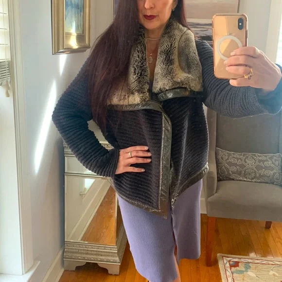 ST. JOHN Designer fur Coat Jacket Leather Wool Rabbit Gray S 4 6 Luxury - Picture 2 of 14